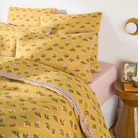 Dekbedovertrek in gewassen katoen, bloemenprint, VANDI OCRE