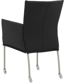 Goossens Eetkamerstoel Funk RVS Poten zwart leer met armleuning en met wielenTransparant skater wiel met rvs kap, modern design