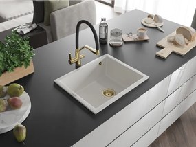 Mexen Pedro granieten spoelbak 1-kamerig 560 x 460 mm, wit, gouden sifon - 6508561000-20-G