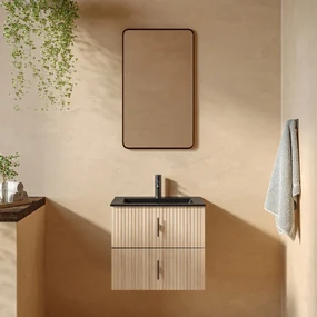 Muebles Marbella badmeubel ribbelfront 60cm naturel eiken met zwarte wastafel met kraangat