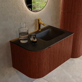 Mondiaz Kurve 75cm badmeubel ronding links ruby met 1 lade en deur en wastafel grunne kraangat rechts urban