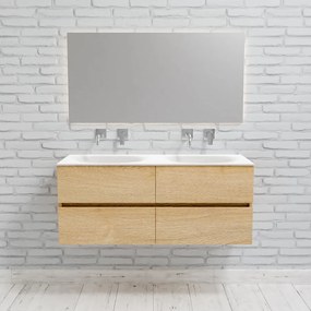 Zaro Sevilla Solid Surface badmeubel 120cm licht eiken zonder kraangat dubbele spoelbak met 4 lades