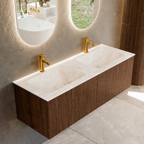 Mondiaz Kurve-dlux 130cm badmeubel walnut met 2 lades en wastafel leaf dubbel 2 kraangaten frappe
