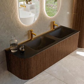Mondiaz Kurve 145cm badmeubel ronding links walnut met 1 lade en deur en wastafel cloud dubbel/rechts 2 kraangaten urban