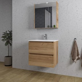 Adema Chaci Badkamermeubelset - 60x46x57cm - 1 keramische wasbak wit - 1 kraangat - 2 lades - Spiegelkast - eiken SW1212815/SW1212759/SW812072/SW804530