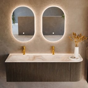 Mondiaz Kurve-dlux 145cm badmeubel ronding rechts shadow met 1 lade en deur en wastafel leaf dubbel/links 2 kraangaten frappe