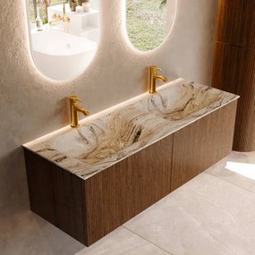 Mondiaz Kurve-dlux 130cm badmeubel dusk met 2 lades en wastafel leaf dubbel 2 kraangaten glace