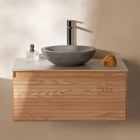 Tedrik Badkamermeubelset In Essenhout Ash Brown & Rond Grijs Cement Ø40 Cm Tarsis & Spiegelloze & Zwart ↑30 Cm Met Aftapkraan - Sklum