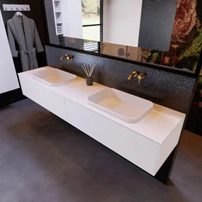 Mondiaz Erin 200cm badmeubel Carrara met 2 lades en witte wastafel dubbel zonder kraangaten