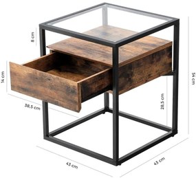 Nancy's Pullman Bijzettafel Met Glasplaat - Nachtkastje met Lade - Nachtkastjes - Industrieel - 43 x 43 x 54 cm