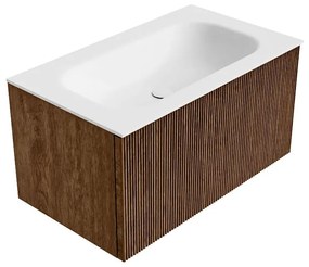 Mondiaz Kurve 80cm badmeubel walnut met 1 lade en wastafel big small midden zonder kraangat