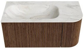 Mondiaz Kurve-dlux 95cm badmeubel ronding rechts walnut met 1 lade en deur en wastafel big small links zonder kraangat ostra