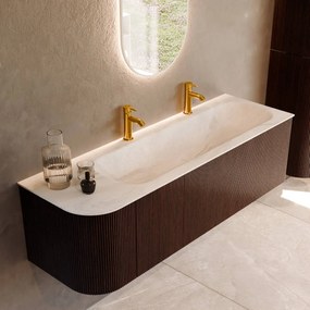 Mondiaz Kurve-dlux 145cm badmeubel ronding links ruby met 1 lade en deur en wastafel big large rechts 2 kraangaten ostra