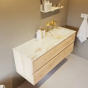 Mondiaz Vica DLux badmeubel 130cm washed oak 2 lades met wastafel frappe rechts zonder kraangat