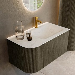 Mondiaz Kurve-dlux 85cm badmeubel ronding links shadow met 1 lade en deur en wastafel cloud kraangat rechts opalo