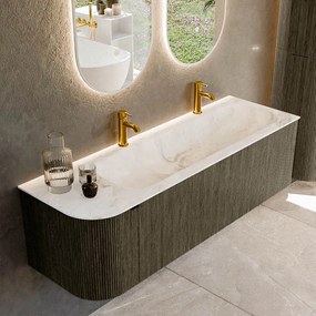 Mondiaz Kurve-dlux 145cm badmeubel ronding links shadow met 1 lade en deur en wastafel big large rechts 2 kraangaten frappe