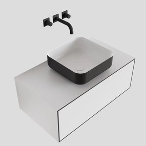 Zaro Lagom volledig naadloos solid surface onderkast met topblad 80cm mat zwart met 1 lades Push tot open. Compleet met solid surface opzetkom met 0 kraangat(en)