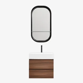 Badkamermeubelset Van Hout En Essenhoutfineer Met Geïntegreerde Wastafel Ona Donker Hout & Ovaal Met Plank Zwart 50x90 Cm Warien & Zwart - Sklum