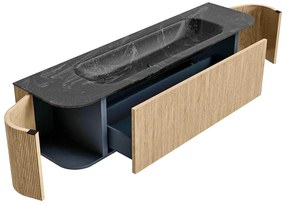 Mondiaz Kurve-dlux 170cm badmeubel ronding links/rechts oak met 1 lade en 2 deuren en wastafel big large midden 2 kraangaten lava