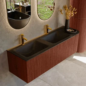 Mondiaz Kurve 145cm badmeubel ronding rechts ruby met 1 lade en deur en wastafel cloud dubbel/links 2 kraangaten urban