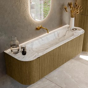 Mondiaz Kurve-dlux 150cm badmeubel ronding links/rechts dusk met 1 lade en 2 deuren en wastafel big medium midden zonder kraangat glace