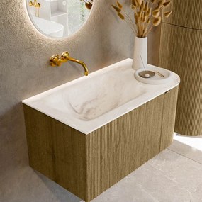 Mondiaz Kurve-dlux 85cm badmeubel ronding rechts dusk met 1 lade en deur en wastafel cloud links zonder kraangat frappe