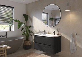 Saqu Gaia badmeubel incl. glans witte wastafel met 2 kraangaten 100x52x64cm eiken zwart – zwarte greeplijst