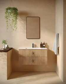 Muebles Marbella badmeubel ribbelfront 100cm warm eiken met witte wastafel met kraangat