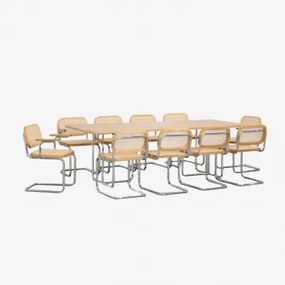 Rechthoekige Tafelset 240x100 Cm In Mdf En Roestvrij Staal En 10 Eetkamerstoelen Met Armleuningen Tento Essenfineer - Sklum