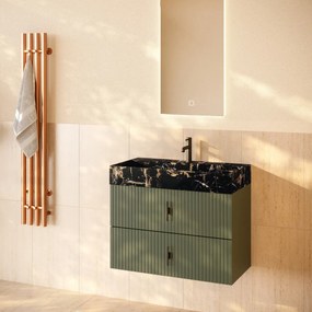 Muebles Murcia badmeubel ribbelfront 80cm legergroen met Portoro Gold wastafel met kraangat