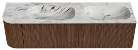 Mondiaz Kurve-dlux 165cm badmeubel ronding links walnut met 2 lades en 1 deur en wastafel stor small dubbel/rechts zonder kraangat glace