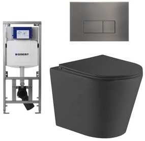 QeramiQ Dely Toiletset - 36.3x51.7cm - diepspoel - rimless - Geberit UP320 Burda inbouwreservoir - softclose toiletzitting - gunmetal bedieningsplaat - rechtehoekige knoppen - zwart mat SW1026253/0701131/SW706199/SW1000768