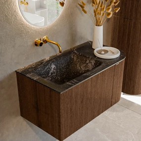 Mondiaz Kurve-dlux 85cm badmeubel ronding rechts walnut met 1 lade en deur en wastafel cloud links zonder kraangat lava