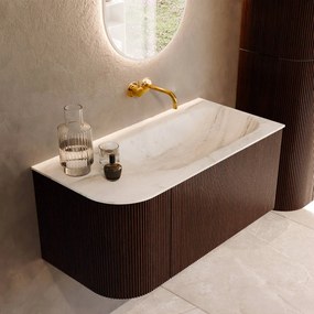 Mondiaz Kurve-dlux 95cm badmeubel ronding links ruby met 1 lade en deur en wastafel big small rechts zonder kraangat opalo