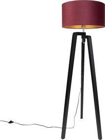 Vloerlamp zwart tripod met kap rood met gouden binnenkant 50cm - Puros