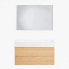 Badkamermeubelset Van Hout En Essenhoutfineer Met Geïntegreerde Wastafel Ona Natuurlijk Hout & Rechthoekige Led En Anticondens 100x70 Cm Tamsin -