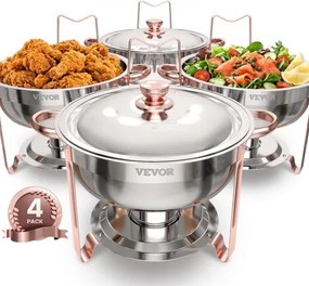 VEVOR Chafing Dish Buffetvoedselwarmer met 4 grote containers (elk 4,7 l), ronde cateringwarmtedispenser met deksel, waterpan en opvouwbare standaard, voor bruiloften en feesten, roségoud