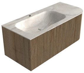 Mondiaz Kurve-dlux 105cm badmeubel ronding rechts dusk met 1 lade en deur en wastafel big small kraangat links ostra