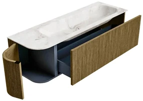 Mondiaz Kurve-dlux 145cm badmeubel ronding links dusk met 1 lade en deur en wastafel big large kraangat rechts frappe