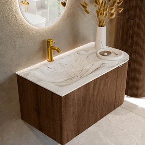 Mondiaz Kurve-dlux 85cm badmeubel ronding rechts walnut met 1 lade en deur en wastafel cloud kraangat links glace
