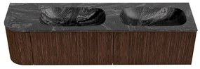 Mondiaz Kurve-dlux 175cm badmeubel ronding links walnut met 2 lades en 1 deur en wastafel stor small dubbel/rechts 2 kraangaten lava