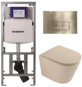 QeramiQ Dely Toiletset - 36.3x51.7cm - diepspoel - rimless - Geberit UP320 inbouwreservoir - softclose toilet zitting - geborsteld messing bedieningsplaat - rechthoekige knoppen - mat beige SW1000764/SW1000770/0701131/SW706201