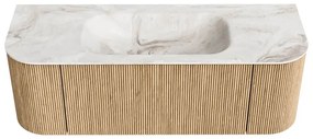 Mondiaz Kurve-dlux 130cm badmeubel ronding links/rechts oak met 1 lade en 2 deuren en wastafel big small midden zonder kraangat frappe