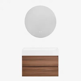 Ona Zwevend Badkamermeubelset Van Hout En Essenfineer Met Geïntegreerde Wastafel Zonder Kraan & Round Led And Antifog Ø70 Cm Riben & Donker Hout & &#x