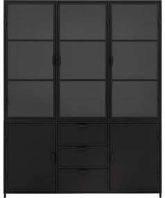 Goossens Buffetkast Metallo, 3 glasdeuren 2 dichte deuren 3 laden, zwart eiken, 160 x 200 x 40 cm, urban industrieel