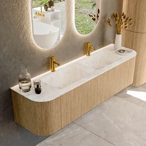Mondiaz Kurve-dlux 170cm badmeubel ronding links/rechts oak met 1 lade en 2 deuren en wastafel leaf dubbel 2 kraangaten frappe
