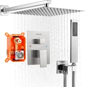 VEVOR Douchekraan Regendouchesysteem voor Badkamer Douchesysteem met 305 mm Vierkante Regendouchekop &amp; Handdouche, Wandgemonteerde Badkamerkranen met Messing Klep &amp; Afwerkingsset, Geborsteld Nikkel