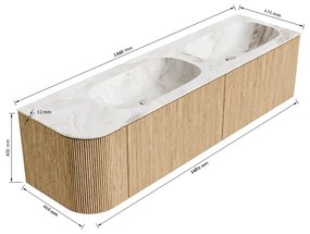 Mondiaz Kurve-dlux 165cm badmeubel ronding links oak met 2 lades en 1 deur en wastafel stor small dubbel/rechts zonder kraangat opalo