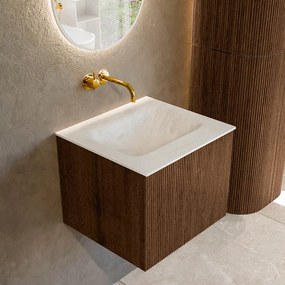 Mondiaz Kurve-dlux 50cm badmeubel walnut met 1 lade en wastafel grunne midden zonder kraangat opalo