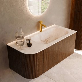 Mondiaz Kurve-dlux 105cm badmeubel ronding links dusk met 1 lade en deur en wastafel big small kraangat rechts frappe